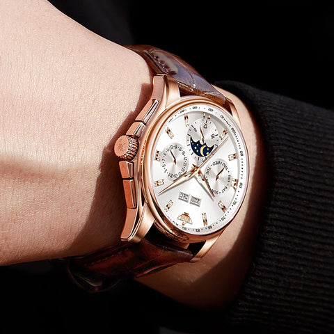 OUPINKE Men Mechanical Watch Luxury Automatic Watch Waterproof Leather Sapphire Moon Phase Wrist Watches