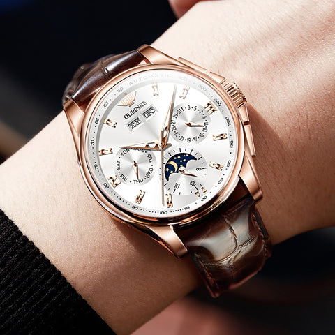 OUPINKE Men Mechanical Watch Luxury Automatic Watch Waterproof Leather Sapphire Moon Phase Wrist Watches