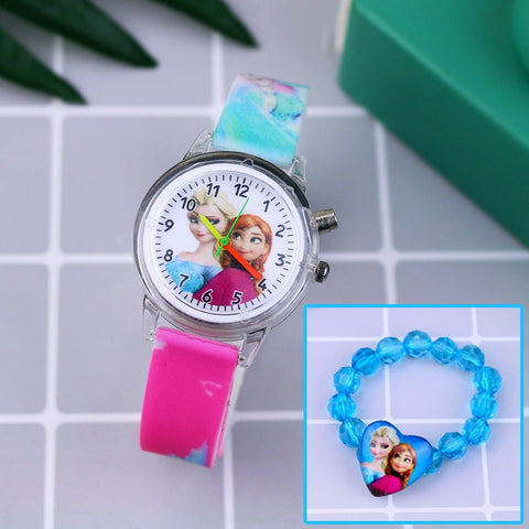 Fashion Cartoon Flash Light Girls Watches Kids with Bracelet Silicone Strap Princess Elsa Children Watches Clock reloj infantil