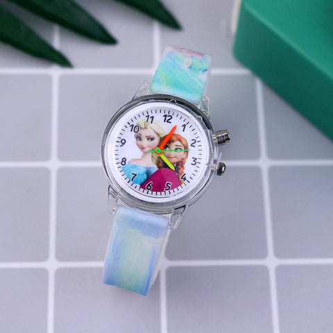 Fashion Cartoon Flash Light Girls Watches Kids with Bracelet Silicone Strap Princess Elsa Children Watches Clock reloj infantil