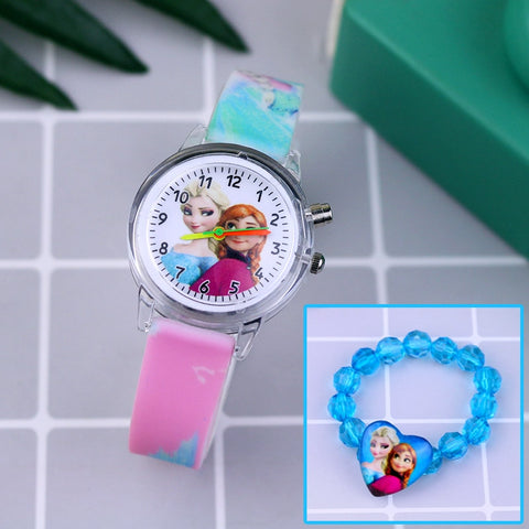Fashion Cartoon Flash Light Girls Watches Kids with Bracelet Silicone Strap Princess Elsa Children Watches Clock reloj infantil