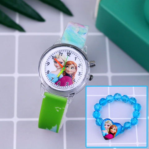 Fashion Cartoon Flash Light Girls Watches Kids with Bracelet Silicone Strap Princess Elsa Children Watches Clock reloj infantil