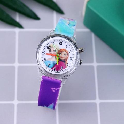 Fashion Cartoon Flash Light Girls Watches Kids with Bracelet Silicone Strap Princess Elsa Children Watches Clock reloj infantil