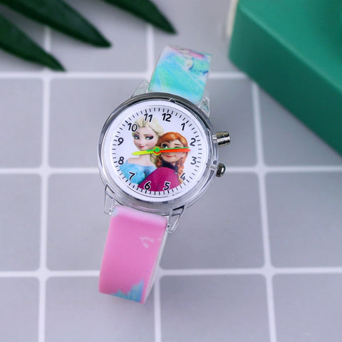 Fashion Cartoon Flash Light Girls Watches Kids with Bracelet Silicone Strap Princess Elsa Children Watches Clock reloj infantil