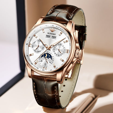 OUPINKE Men Mechanical Watch Luxury Automatic Watch Waterproof Leather Sapphire Moon Phase Wrist Watches