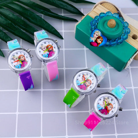 Fashion Cartoon Flash Light Girls Watches Kids with Bracelet Silicone Strap Princess Elsa Children Watches Clock reloj infantil