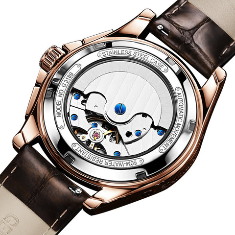 OUPINKE Men Mechanical Watch Luxury Automatic Watch Waterproof Leather Sapphire Moon Phase Wrist Watches