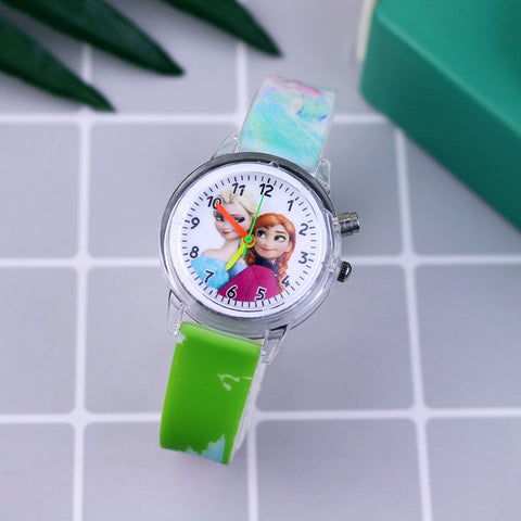 Fashion Cartoon Flash Light Girls Watches Kids with Bracelet Silicone Strap Princess Elsa Children Watches Clock reloj infantil