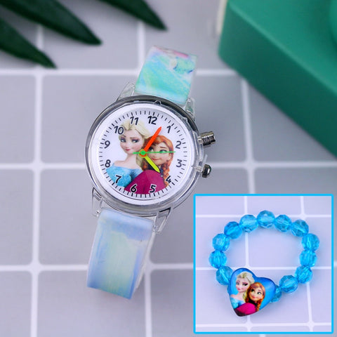 Fashion Cartoon Flash Light Girls Watches Kids with Bracelet Silicone Strap Princess Elsa Children Watches Clock reloj infantil