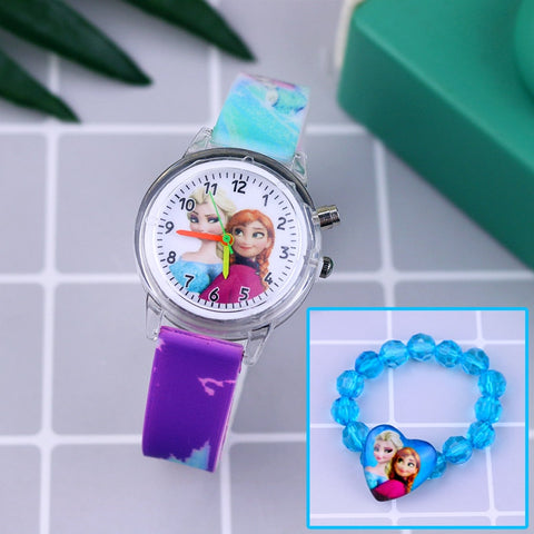 Fashion Cartoon Flash Light Girls Watches Kids with Bracelet Silicone Strap Princess Elsa Children Watches Clock reloj infantil
