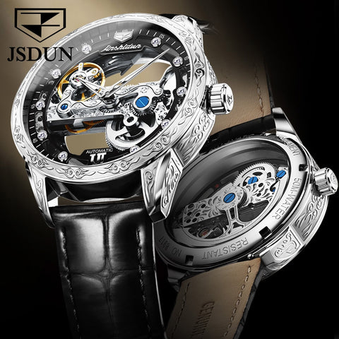 JSDUN Men Mechanical Watch Automatic Movement 50M Waterproof Leather Strap Sapphire Mirror Skeleton Design Watch For Men