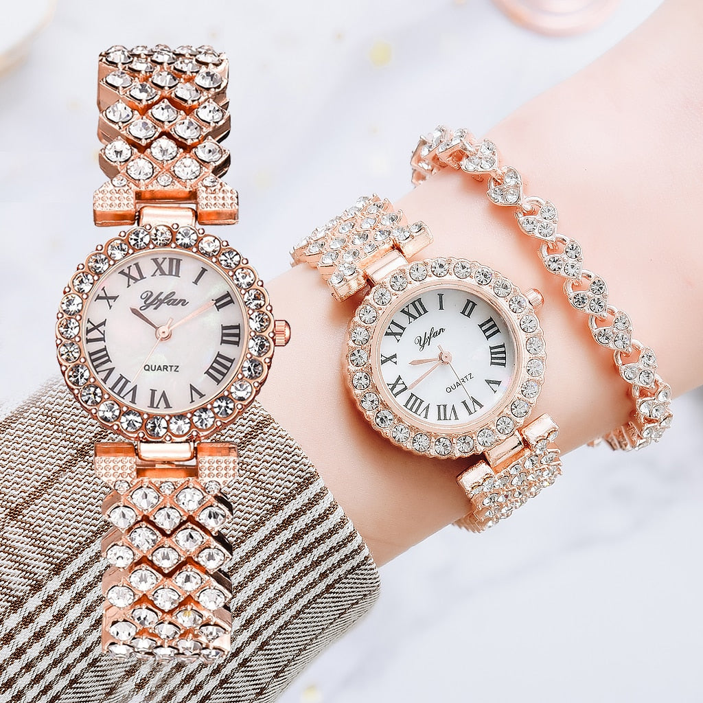 Luxury Women Rose Gold Watch Fashion Ladies Quartz Diamond Wristwatch Elegant Female Bracelet Watches 2pcs Set Reloj Mujer