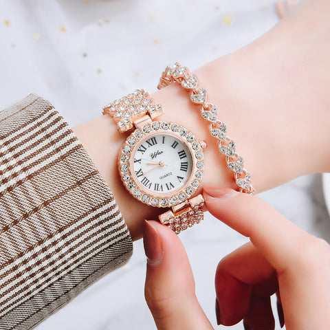 Luxury Women Rose Gold Watch Fashion Ladies Quartz Diamond Wristwatch Elegant Female Bracelet Watches 2pcs Set Reloj Mujer