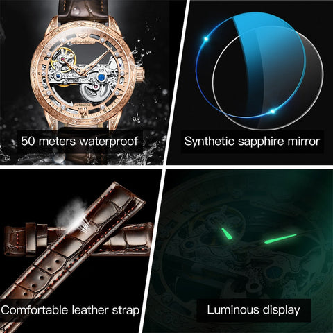 JSDUN Men Mechanical Watch Automatic Movement 50M Waterproof Leather Strap Sapphire Mirror Skeleton Design Watch For Men