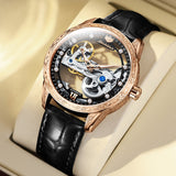 JSDUN Men Mechanical Watch Automatic Movement 50M Waterproof Leather Strap Sapphire Mirror Skeleton Design Watch For Men